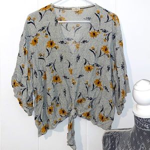 Mason & Belle Yellow Black & White knotted Crop V neck BoHo
